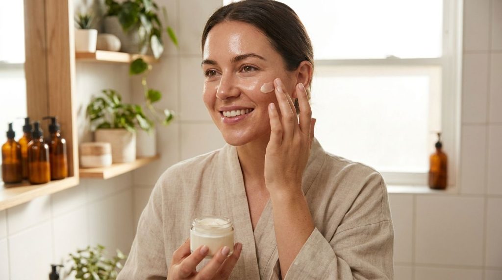 A woman gently applying a small amount of homemade cream to her cheek demonstrating soft glowing skin