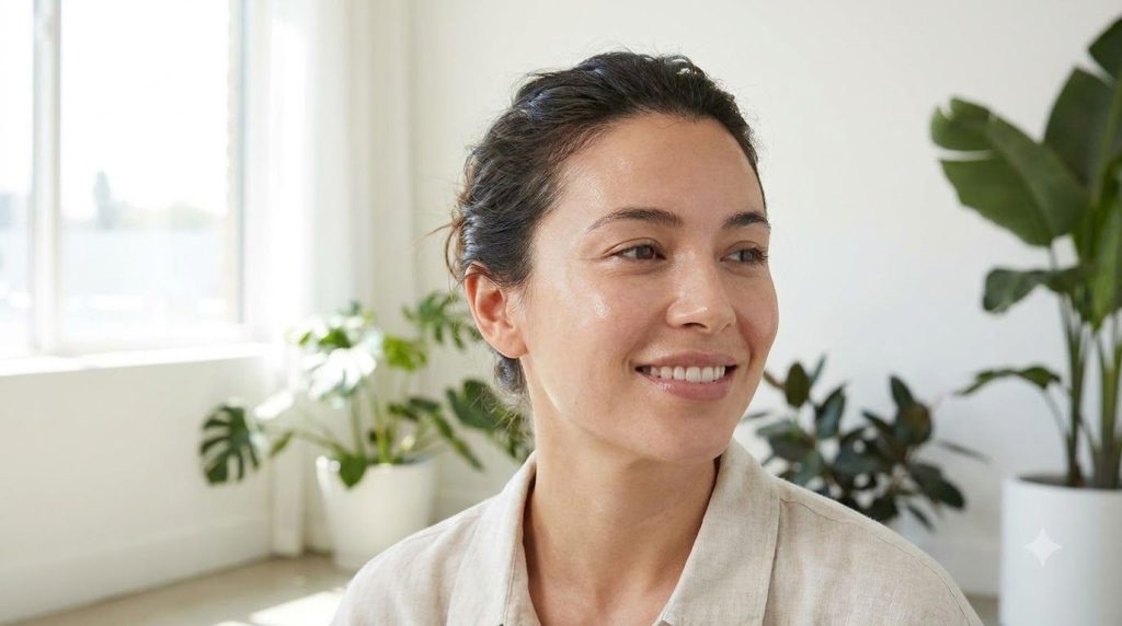 A woman with radiant clear and glowing skin perhaps a subtle glass skin effect looking fresh and healthy in natural dayl