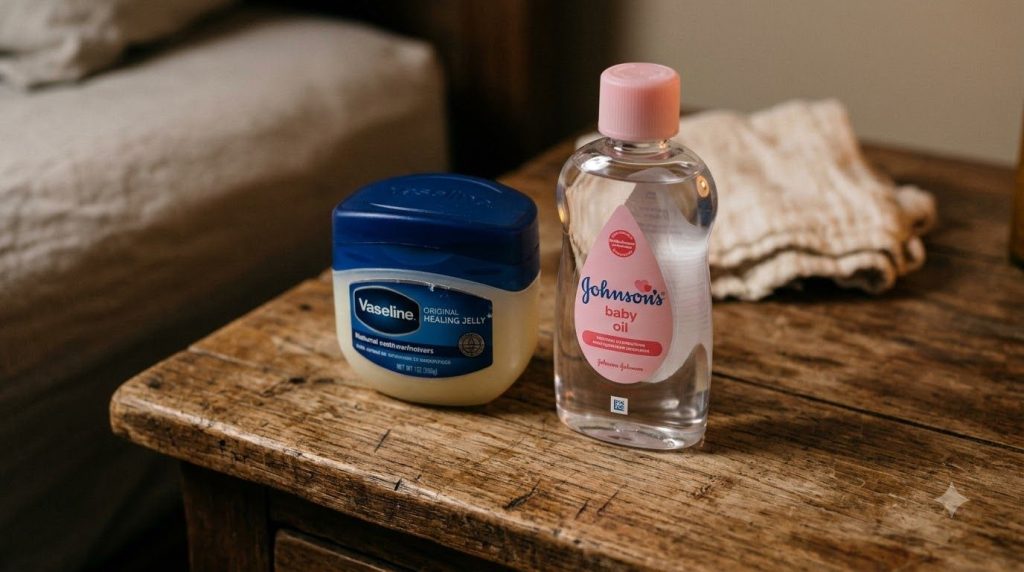 A close-up of a jar of Vaseline Original Healing Jelly and a bottle of Johnson s baby oil on a rustic wooden table in a