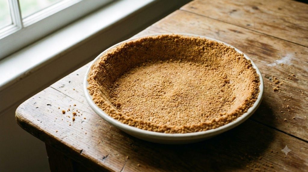 A close-up of a pie plate with a pressed graham cracker crust ready for the filling