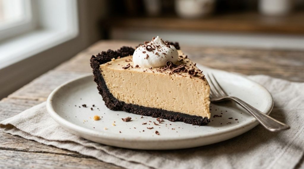 A slice of peanut butter no-bake pie on a white plate garnished with chocolate shavings and a dollop of whipped cream
