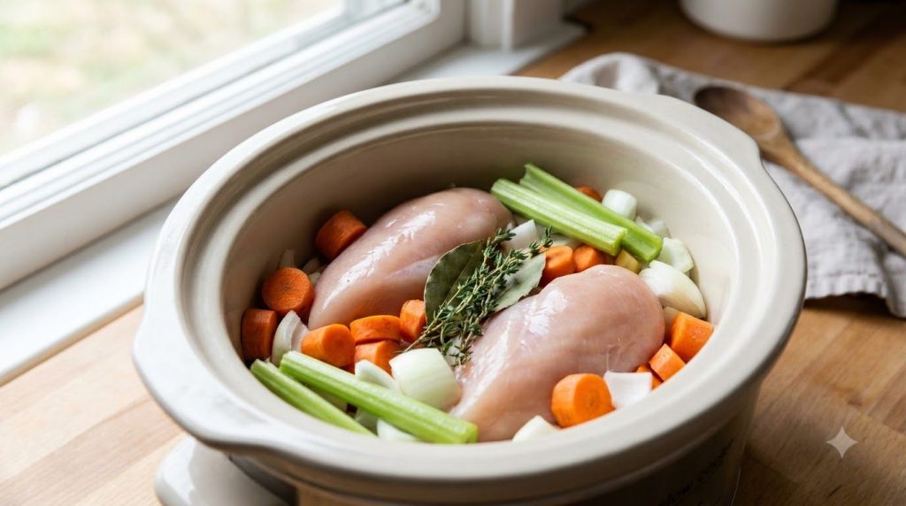 Chopped vegetables and raw chicken in a slow cooker