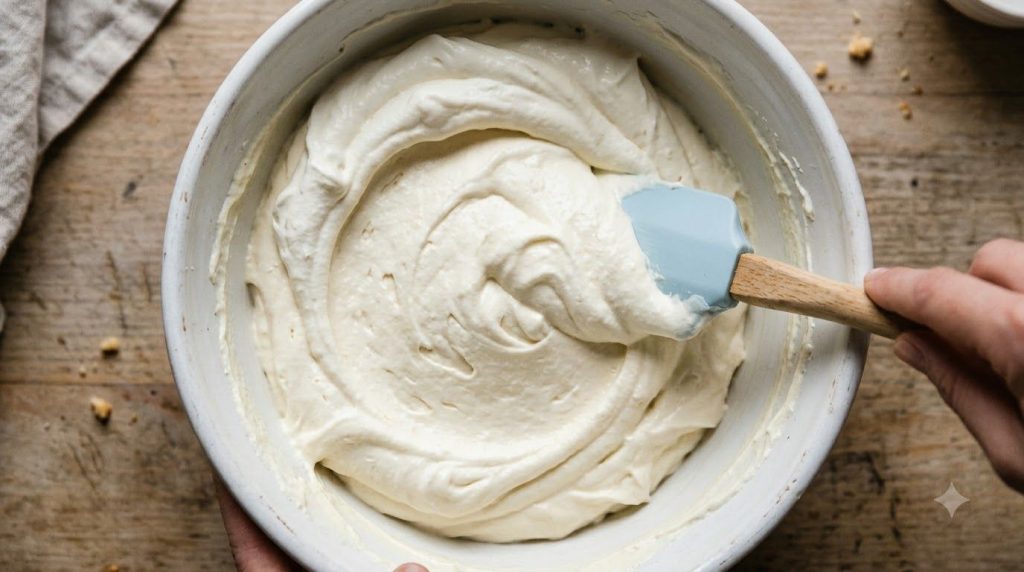 A no-bake pie filling being gently folded with a rubber spatula in a mixing bowl