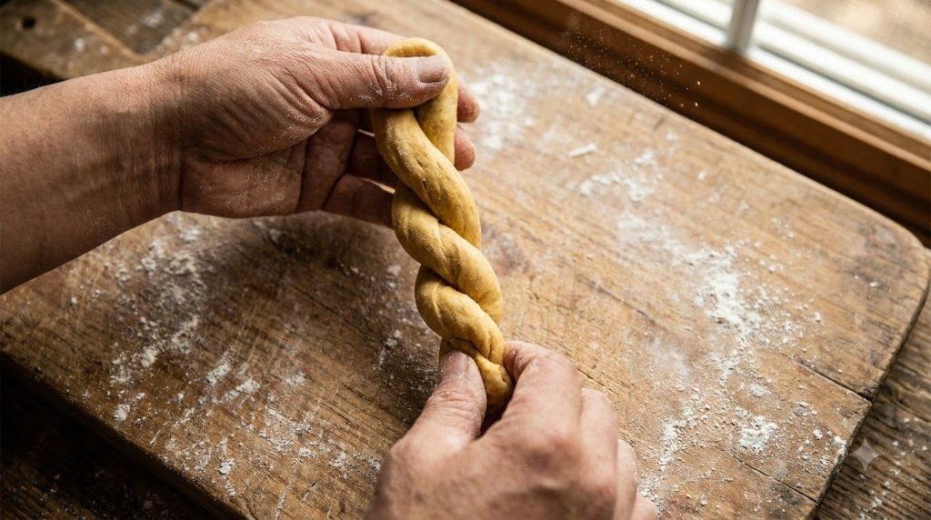 Hands demonstrating the twisting technique for Kkwabaegi dough showing a long rope of dough being twisted and the ends p