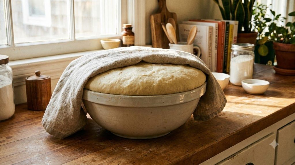 A large bowl of fluffy risen donut dough covered with a clean kitchen towel showing its increased volume after the first