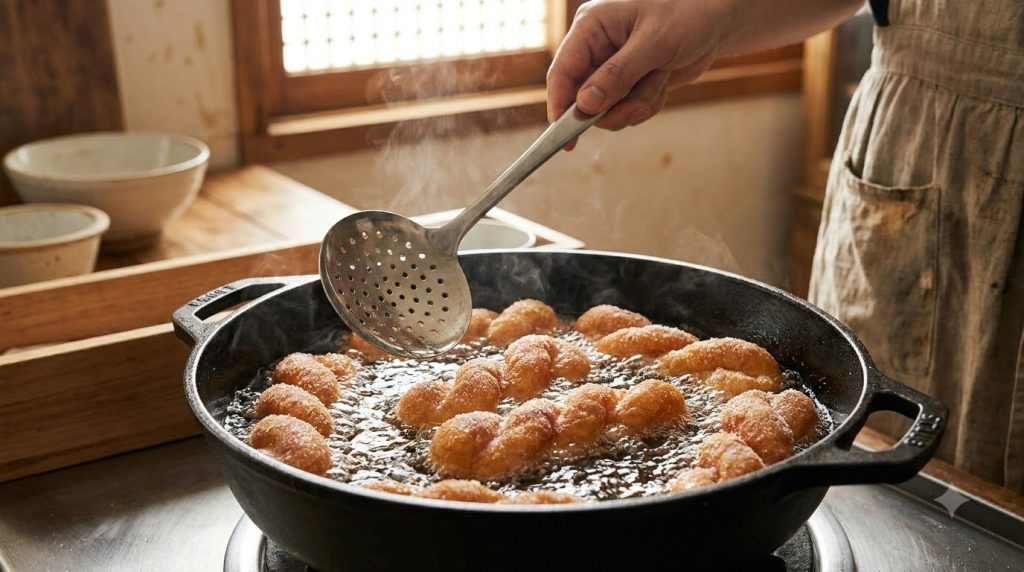 Golden brown Korean twisted donuts frying in hot oil in a deep pot with a slotted spoon ready to flip or remove them Bub