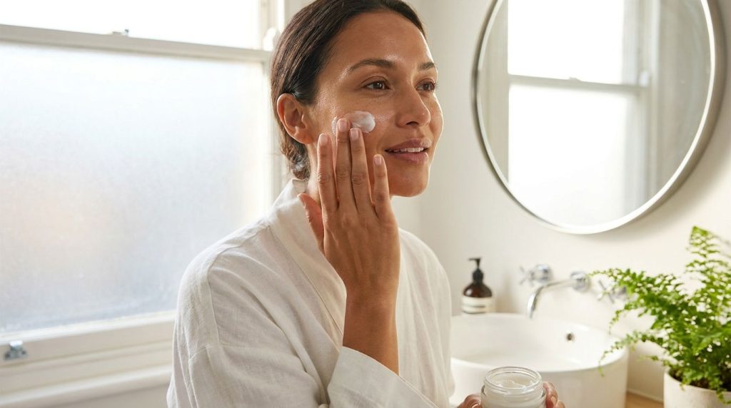 A woman gently applying a small amount of the DIY cream to her face with glowing smooth skin in a soft natural light set