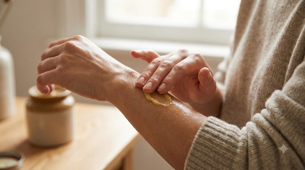 A woman applying moisturizing balm to her arm showcasing smooth and glowing skin