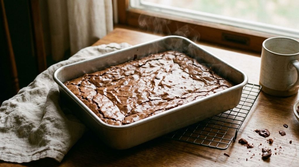 A baking pan filled with brownie batter fresh out of the oven showing a slightly cracked top