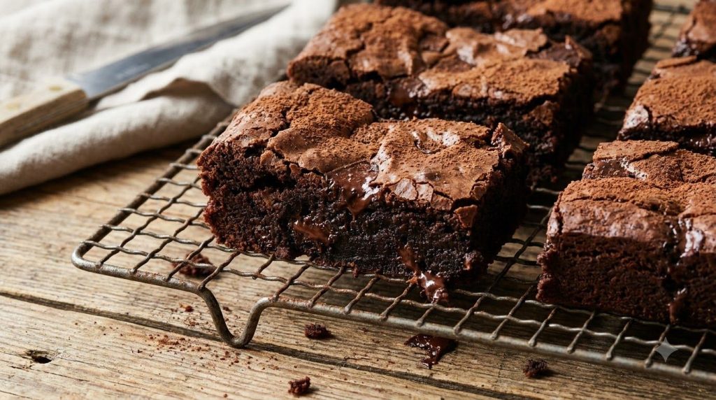 Perfectly sliced fudgy brownies on a cooling rack ready to be served