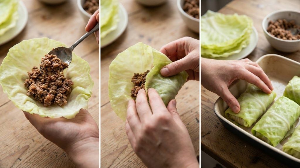 Hands filling blanched cabbage leaves with the cooked bacon cheeseburger mixture then expertly folding them into neat li
