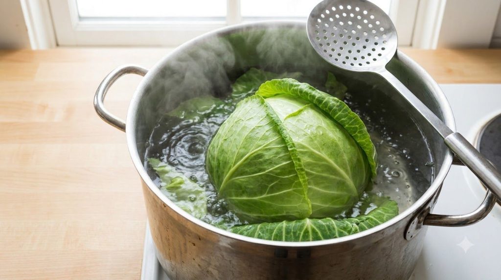 A large head of cabbage being carefully cored then blanched in a large pot of boiling water until the outer leaves are t