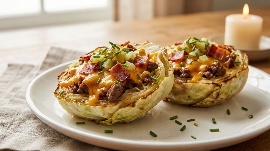 A plate with a couple of baked bacon cheeseburger cabbage cups garnished with chopped pickles and a sprinkle of fresh ch