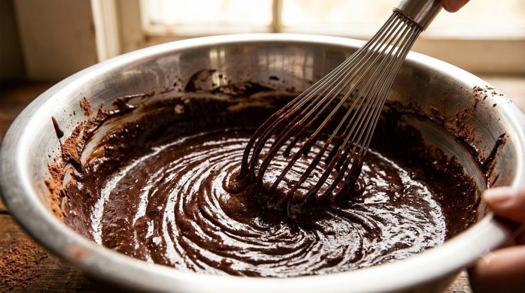 A large bowl with brownie batter being mixed with a whisk showing a smooth glossy texture