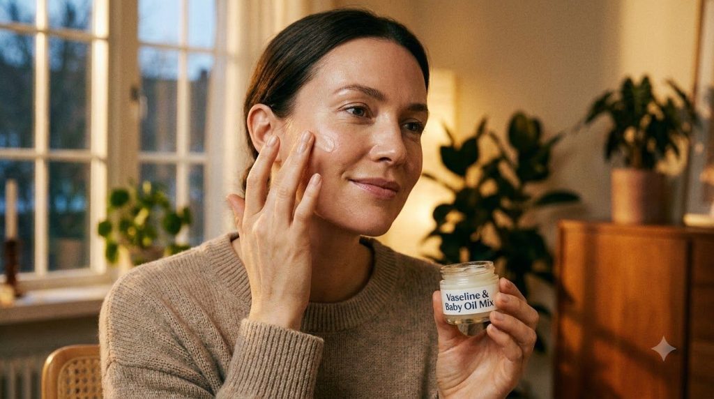 A woman gently applying the homemade Vaseline and Baby Oil mixture to her face at night showing soft glowing skin