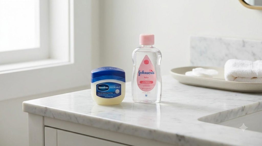 Close-up of a jar of Vaseline Original Healing Jelly and a bottle of Johnson s Baby Oil side-by-side on a clean light su