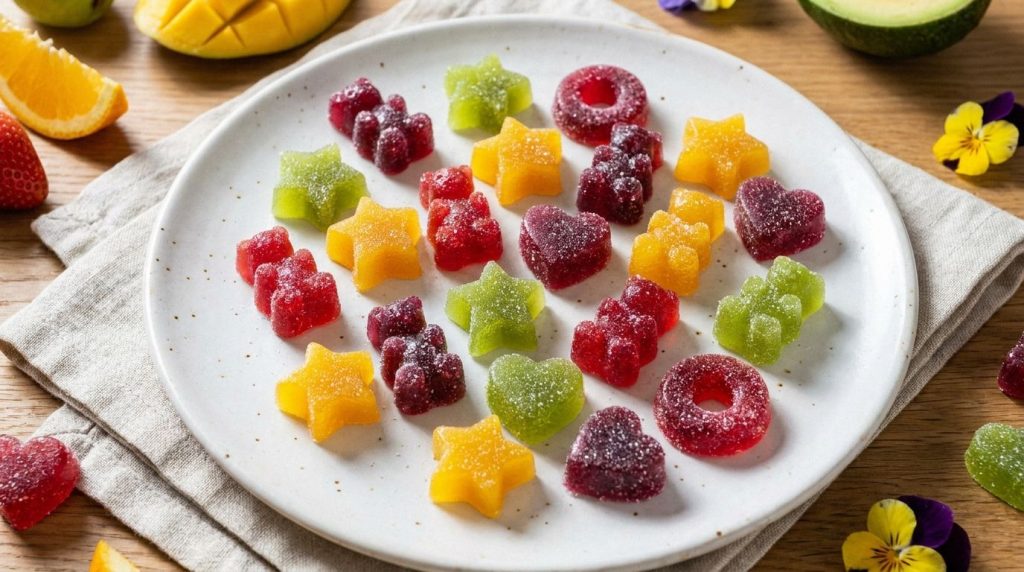 A variety of colorful homemade fruit gummies in fun shapes like bears and stars arranged appealingly on a plate or in a 