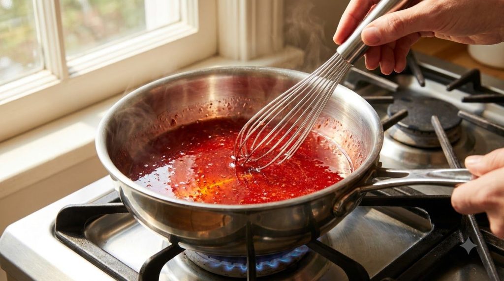 A close-up of the fruit gummy mixture being gently whisked in a saucepan over low heat showing a smooth slightly thicken
