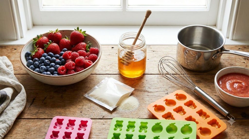 Ingredients for homemade fruit gummies laid out on a kitchen counter a bowl of fresh berries a jar of honey a packet of 