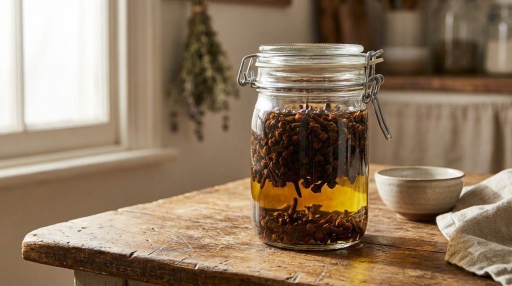 A close-up of a glass jar filled with cloves submerged in clear oil sitting on a wooden surface with soft warm lighting