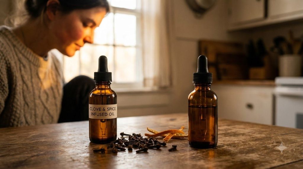 A dark glass bottle filled with a golden infused oil next to a small pile of dried cloves and a glowing face