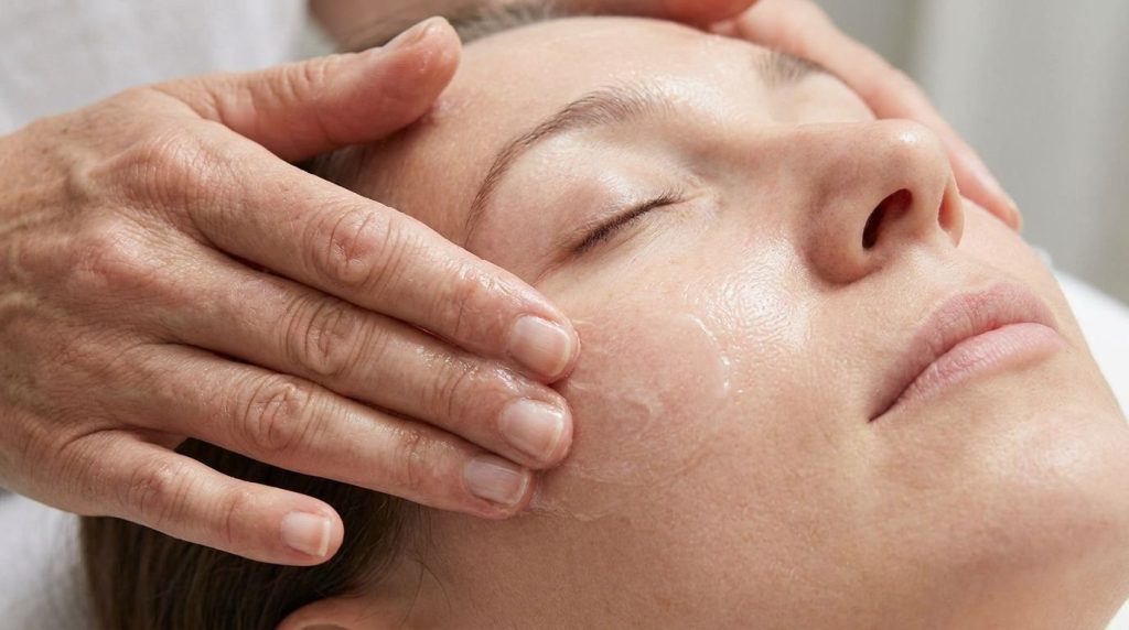 Hands gently massaging the Vaseline and baby oil mixture onto clean facial skin