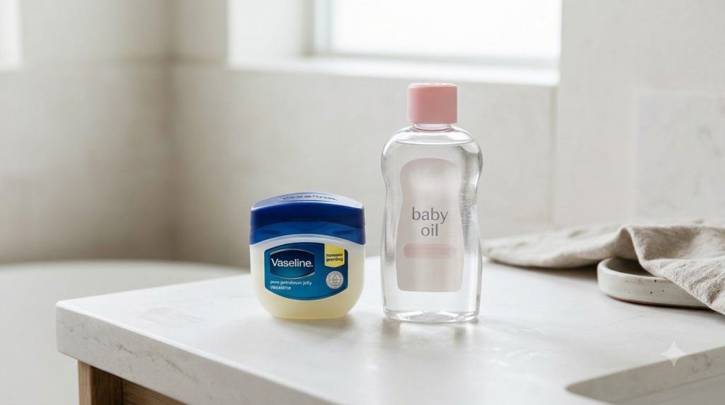 Small jar of Vaseline and a bottle of baby oil on a clean counter