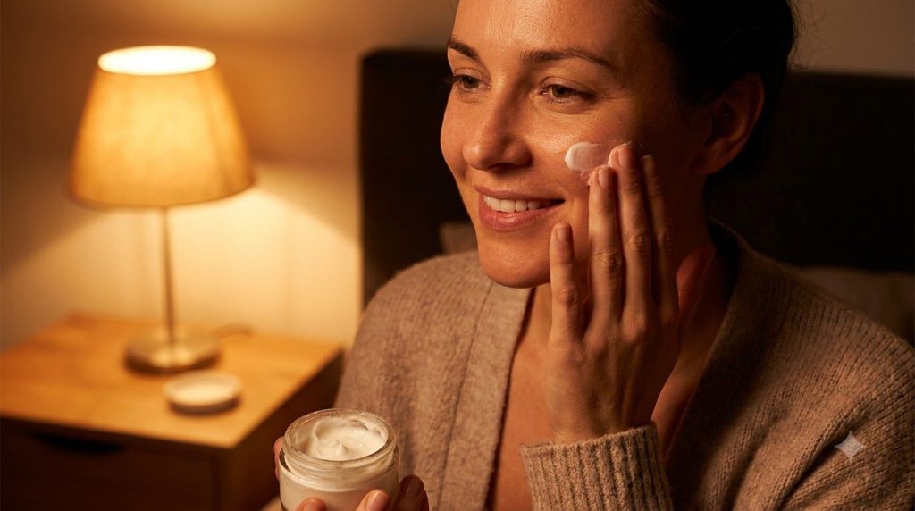 A woman gently massaging a small amount of homemade collagen cream onto her face at night her skin looking soft and hydr