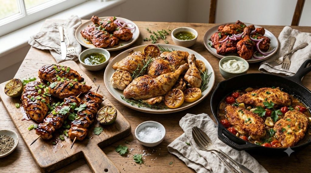 Various cooked chicken dishes including grilled baked and pan-fried showing different marinade flavors and garnished wit
