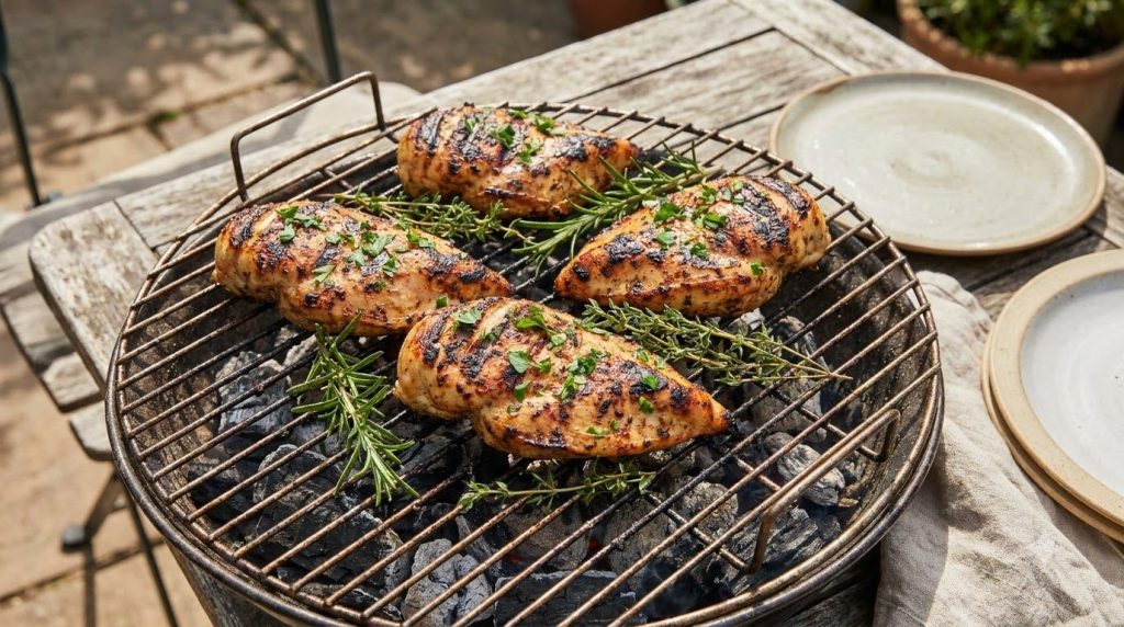 Grilled marinated chicken breasts on a grill grate with grill marks and fresh herbs for garnish