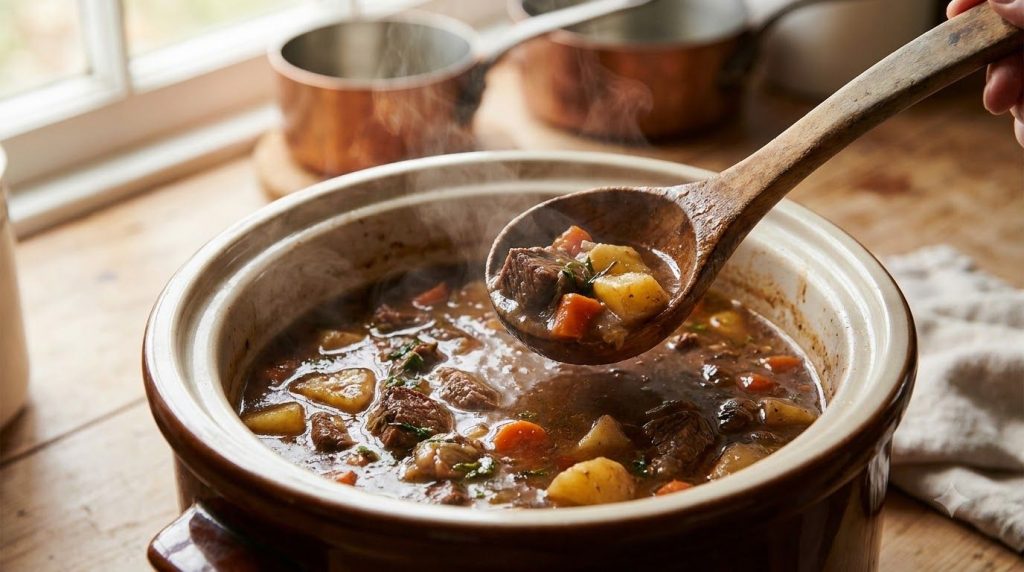 A bubbling rich slow cooker soup being stirred gently with a ladle showing steam rising and perfectly cooked ingredients