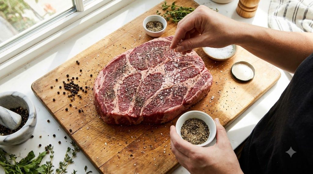 A beef chuck roast being seasoned generously with salt and pepper on a cutting board