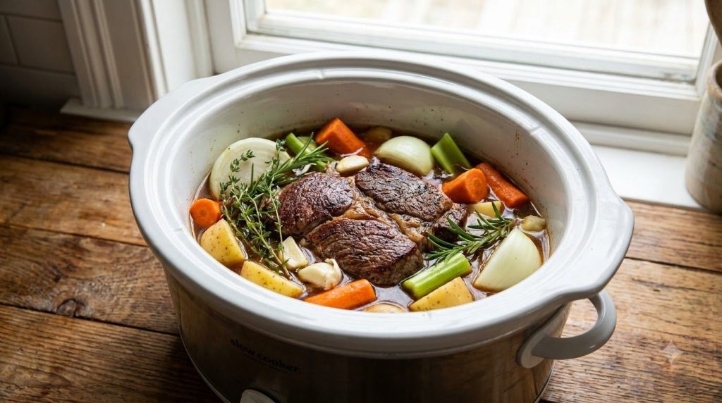 All ingredients for pot roast including seared beef vegetables broth and seasonings assembled in a slow cooker