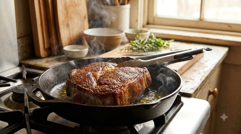 A beef chuck roast searing in a hot skillet with olive oil developing a golden-brown crust