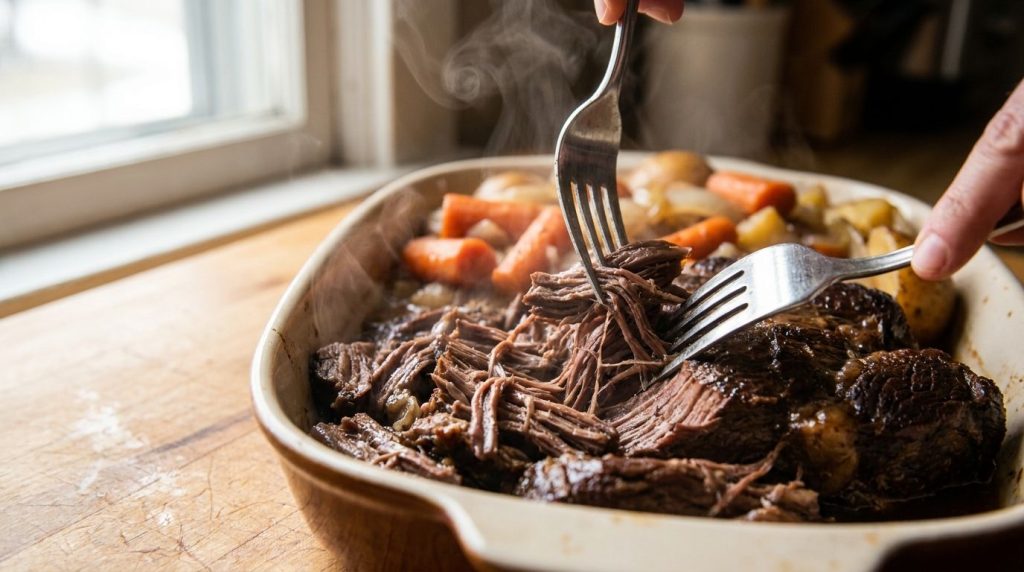 A close-up of the cooked pot roast being shredded with two forks showing its tenderness with vegetables in the backgroun