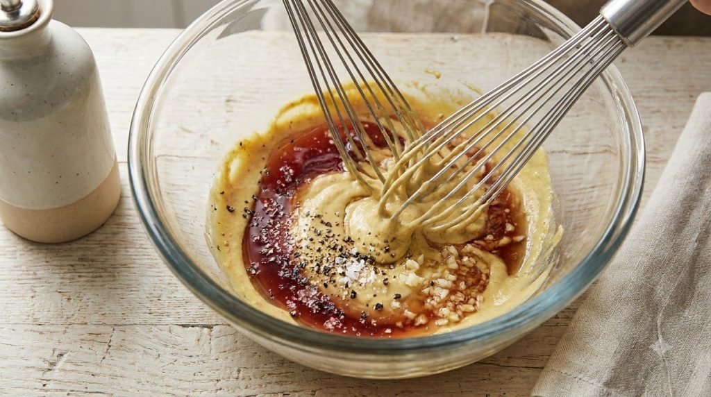 A whisk mixing Dijon mustard vinegar salt pepper and minced garlic in a glass bowl