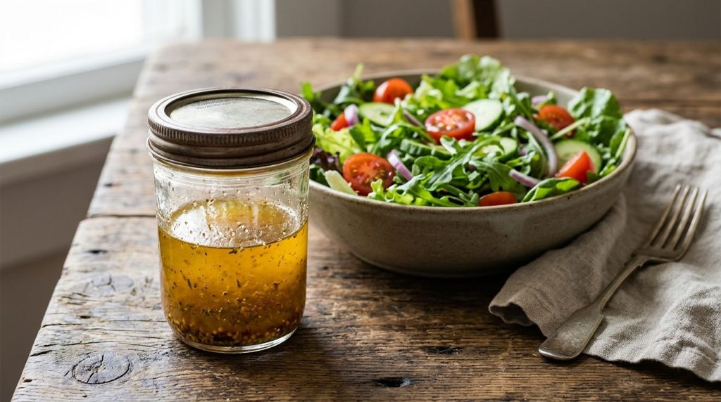 A clear glass jar filled with homemade vinaigrette with a tight-fitting lid on a rustic wooden table