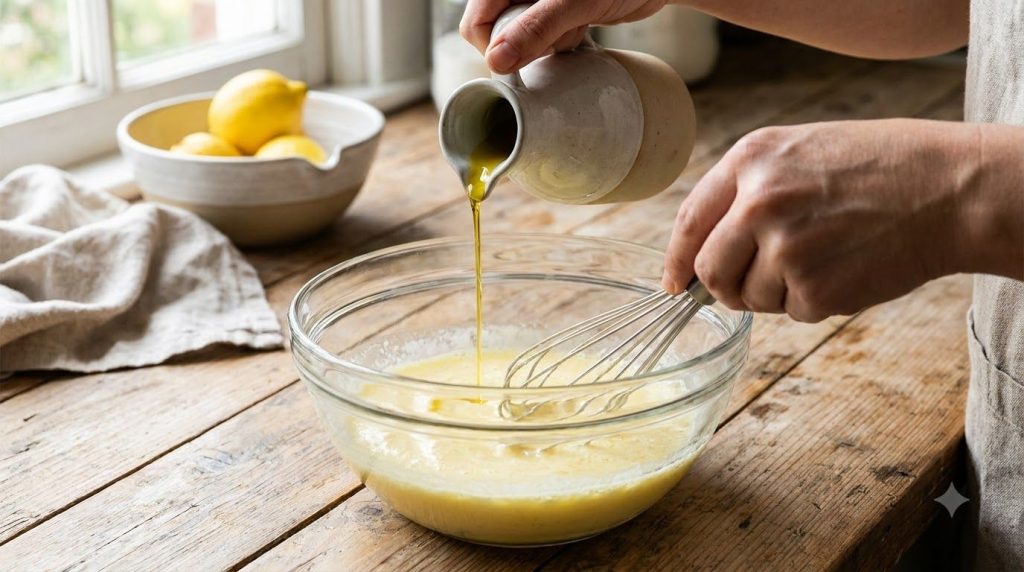 A hand slowly drizzling olive oil into a bowl while a whisk vigorously mixes the liquid showing the emulsification proce