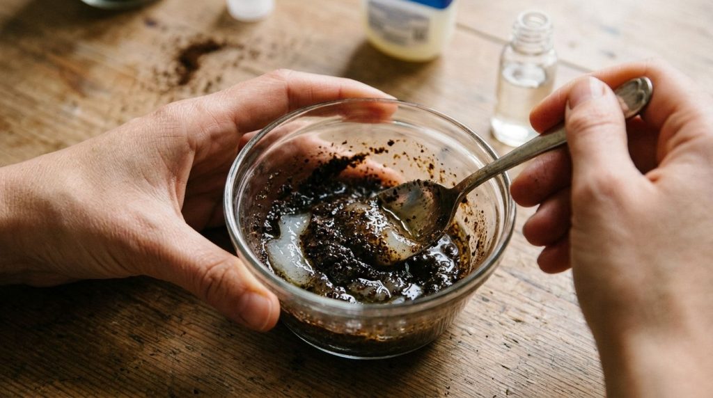 A close-up of hands mixing coffee grounds Vaseline and baby oil in a small glass bowl with a spoon creating a homemade s