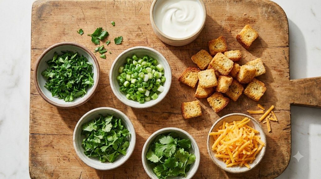 A variety of soup garnishes and toppings laid out on a wooden board fresh herbs croutons shredded cheese and a swirl of