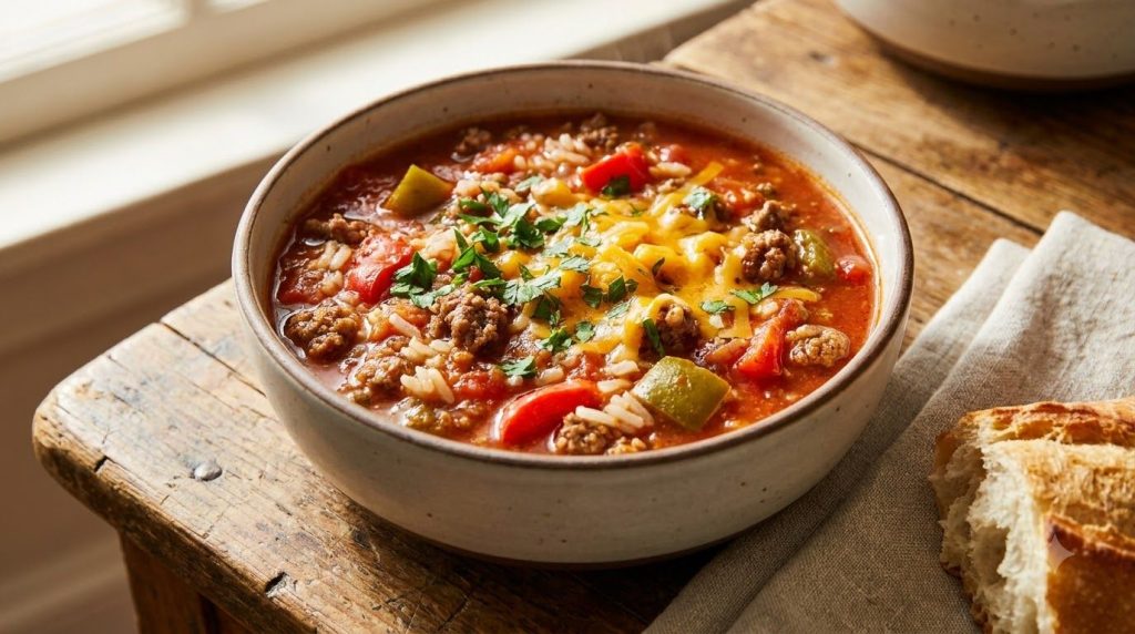 A steaming bowl of hearty slow cooker stuffed pepper soup garnished with fresh herbs and shredded cheese