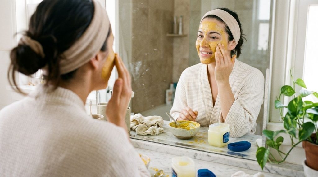 A woman gently applying a yellow turmeric and Vaseline mask to her face in a well-lit bathroom mirror Her skin looks sof
