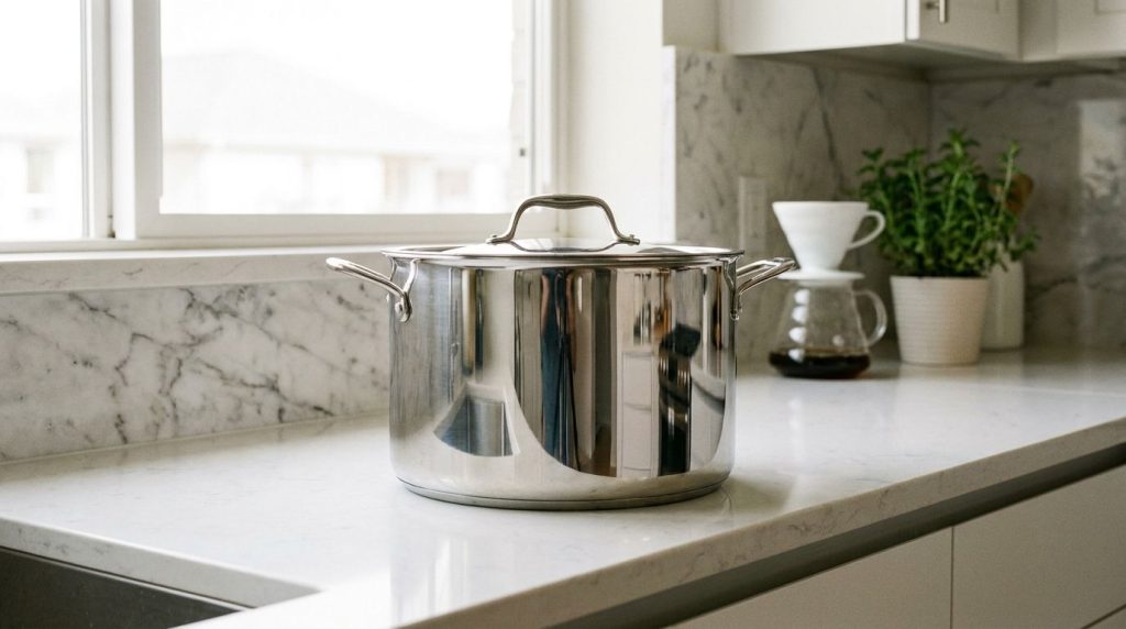 A sparkling clean stainless steel pot shining and free of any burnt marks or stains resting on a clean kitchen counter T