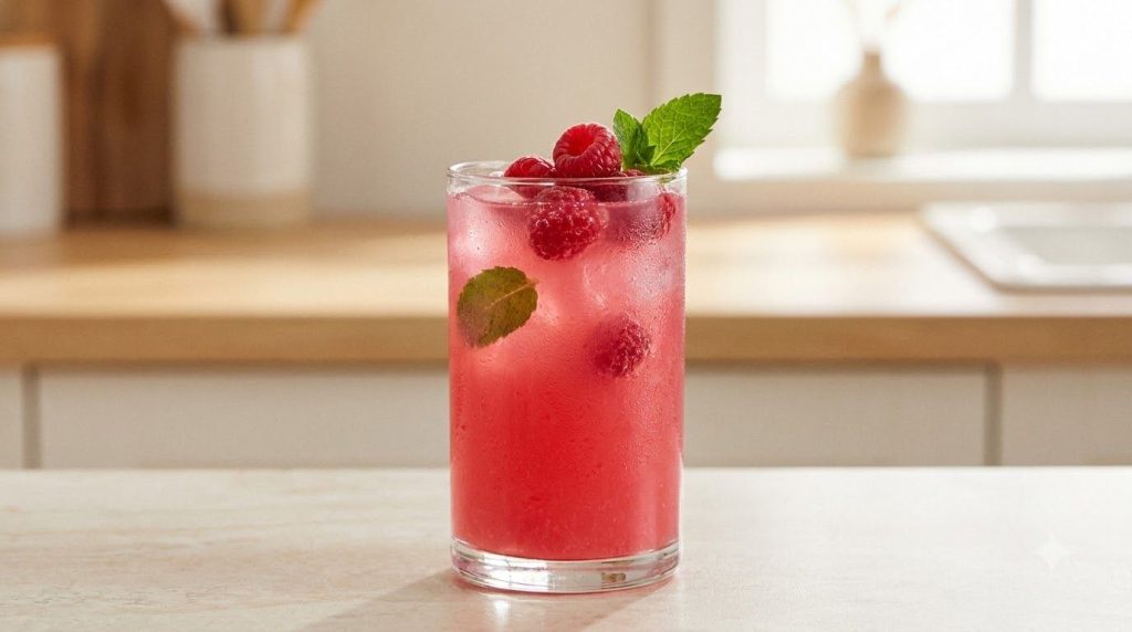 A close-up of a vibrant refreshing raspberry collagen drink in a tall glass garnished with fresh raspberries and a mint 