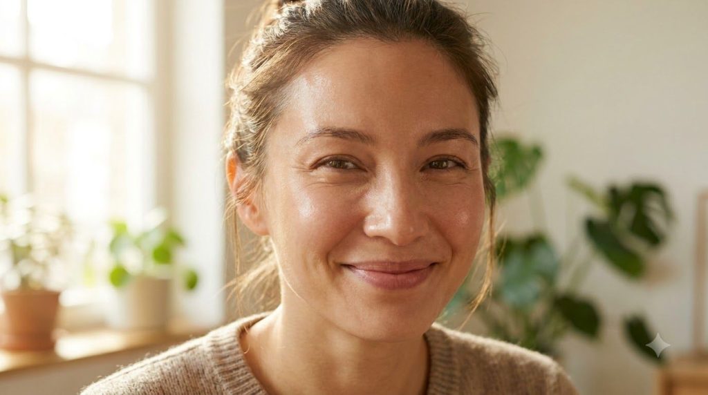 Close-up of a beautiful glowing woman smiling with soft radiant skin perhaps gently touching her cheek to illustrate you