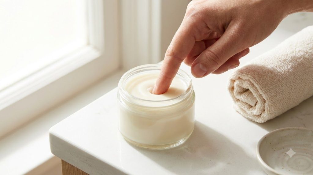 A small clean glass jar filled with a creamy white homemade balm with a finger gently testing the texture on a minimalis