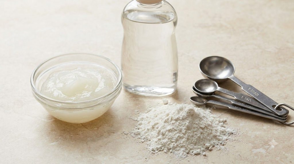 A close-up of a small glass bowl containing Vaseline a small bottle of baby oil and a small pile of fine white rice flou