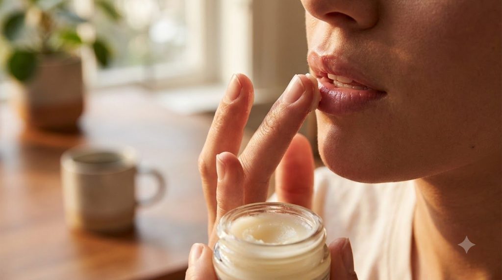 A person applying a small amount of the homemade balm to their lips showing a smooth hydrated finish