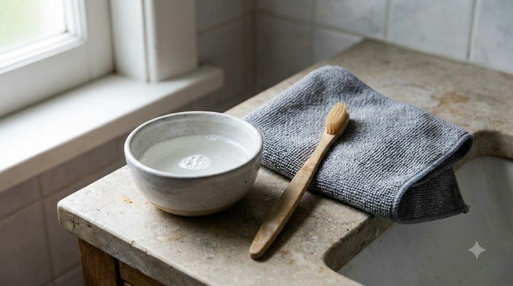 Ingredients for cleaning a shower head a bowl of white vinegar solution an old toothbrush and a microfiber cloth on a ba