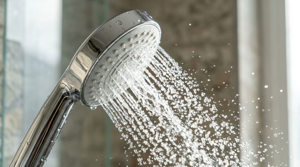 A close-up of a sparkling clean chrome shower head free of limescale with clear water droplets flowing out indicating im